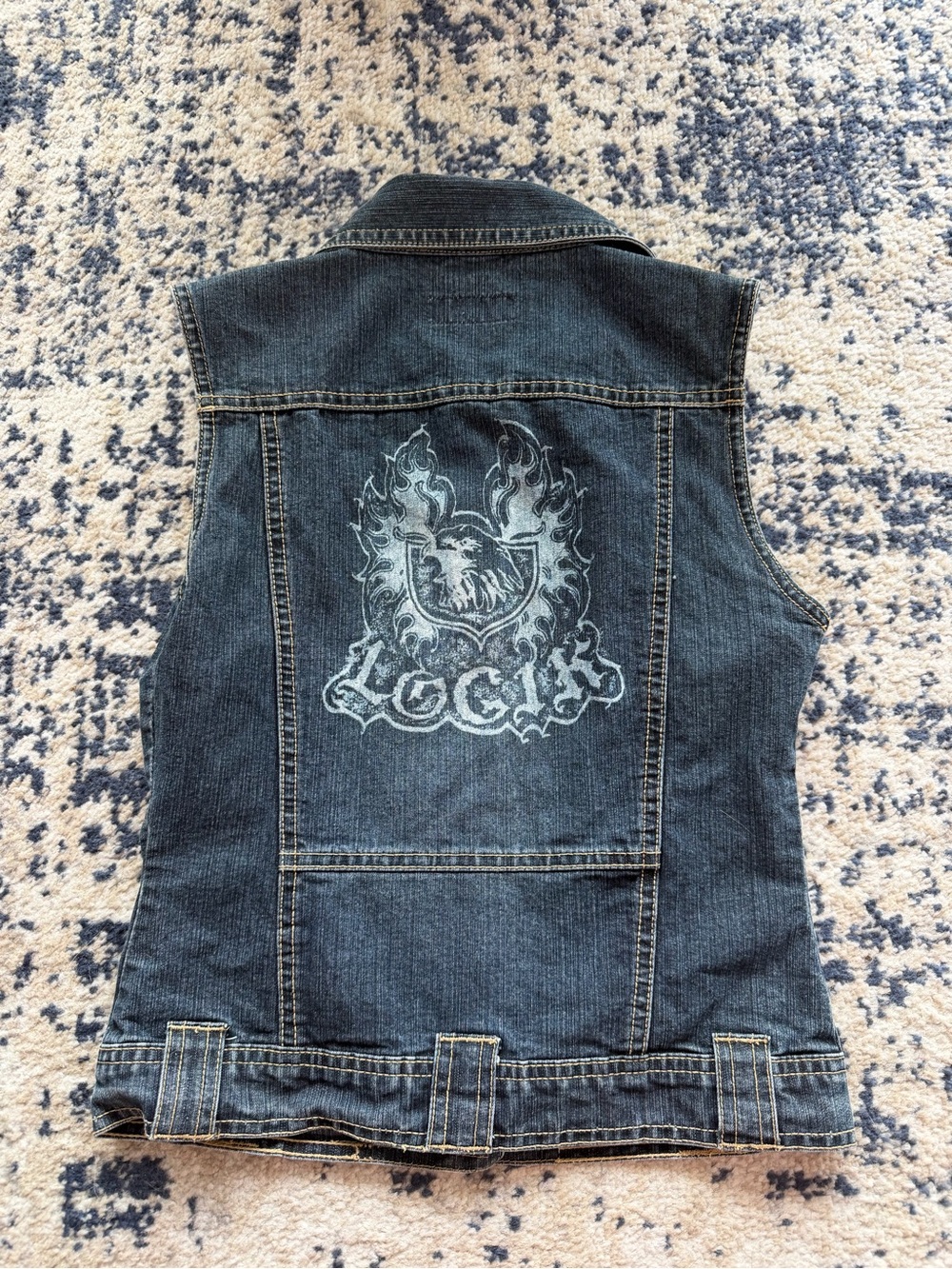 Women’sSleeveless Dark Blue Denim Vest with Graphic Back